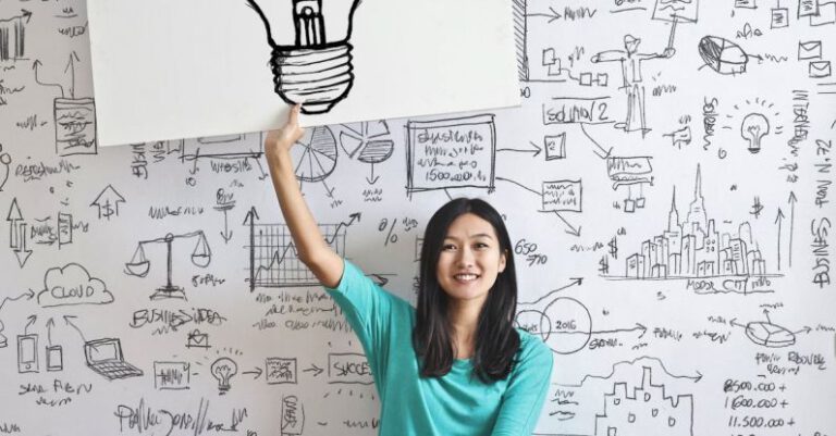 Business Idea - Woman Draw a Light bulb in White Board