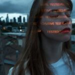 Stress Testing - Calm woman with Positive Tested words on face on roof against cityscape